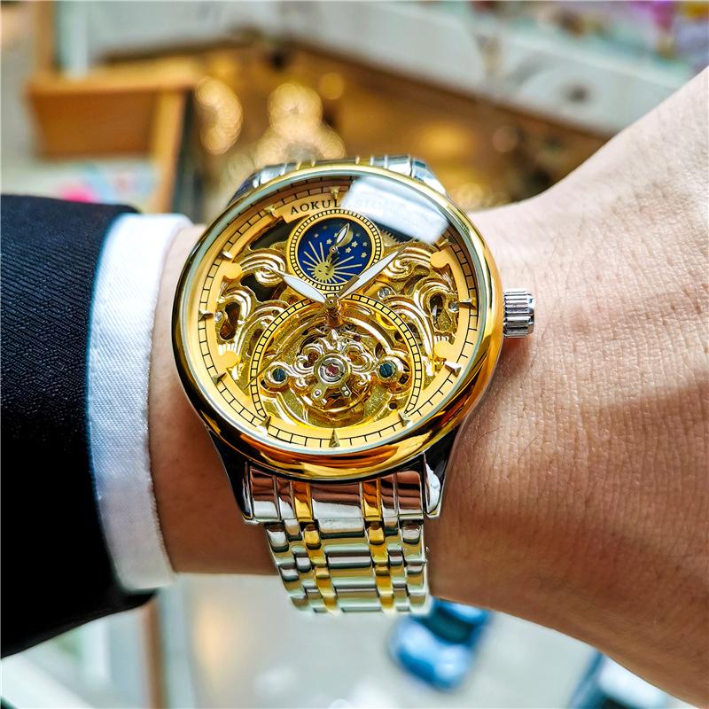 Royal Gold Skeleton Automatic Watch for Men Luxury Tourbillon Mechanical Watches Stainless Steel Strap Luminous Clock