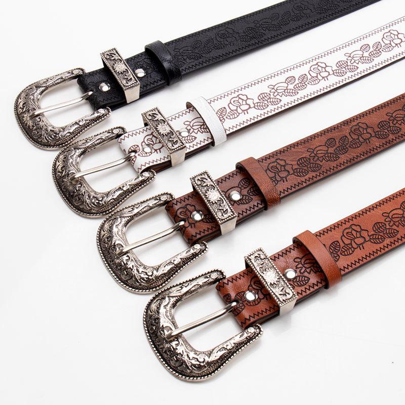 Stylish and Edgy Retro Embossed Women’s Belt Trendy “It Girl” Subculture Women’s Versatile Leather Belt with Bull Pin Buckle