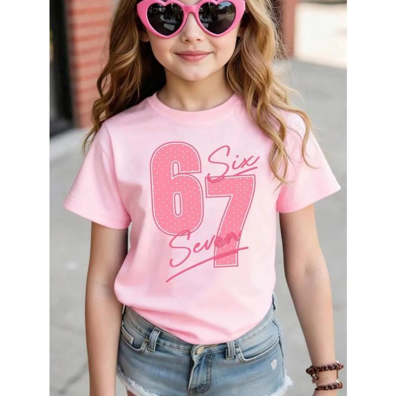Children's 67 Christmas Elf Print Girls Short Sleeve Round Neck Tee Parties Casual Wear Comfort Children Clothes Girl Clothing