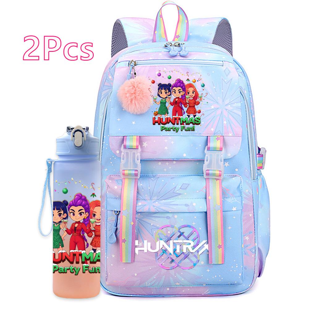 2Pcs/set Christmas K-pop Printed Backpack with 750Ml Water Bottler Large Capacity Travel Bag for Teenager Girl Boy Bookbag Kid Gift Large Capacity Bag
