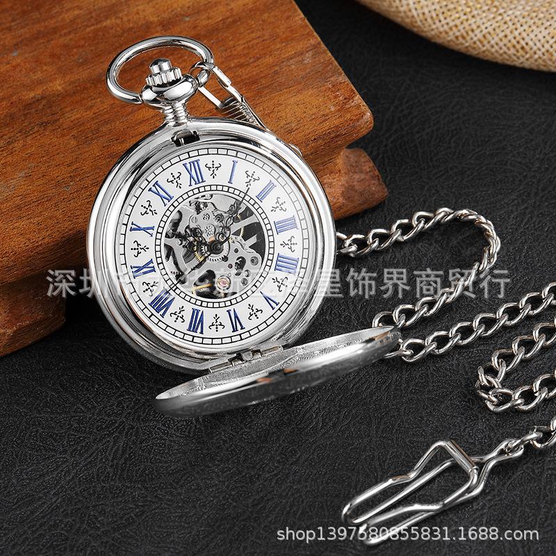 Classic Duplex Mechanical Watch, Parents And Elders Characteristic Roman Hollow Tuo Watch, Gift Antique Pocket Watch