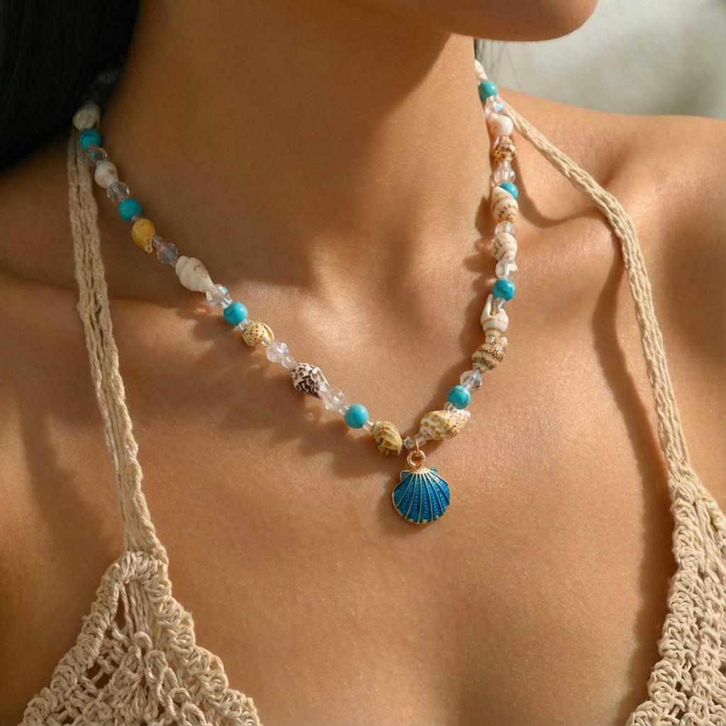 Summer Ocean Series Seashell Necklace - Fashionable Blue and Pink Beach Clavicle Chain Jewelry for Women