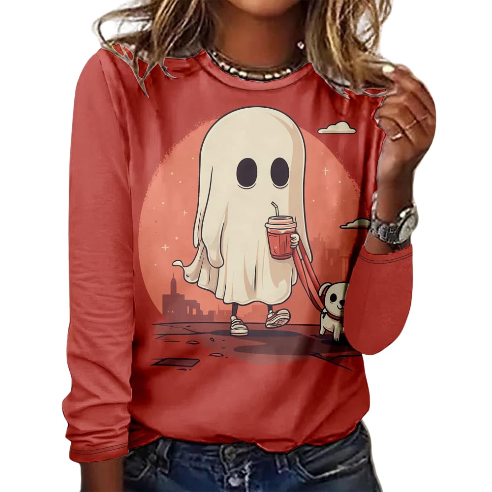 Women's Halloween 3D Printed Pumpkin Face Bat Long Sleeve Shirt Autumn Loose Casual Polyester Round Neck Fashion Casual Top