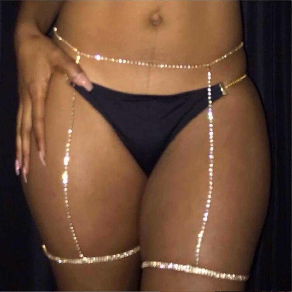 2Pcs/Set Fashion Simple Sexy Rhinestone Leg Chain for Women Double Row Beach Thigh Chain Crystal Bikini Body Jewelry