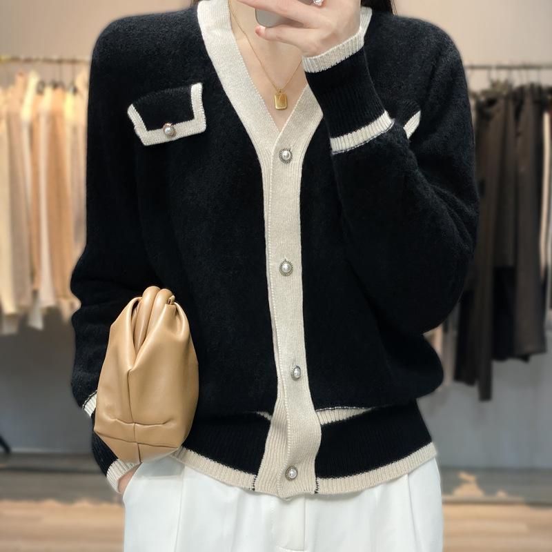 2025 A/W Women's V-Neck Color Block Tweed Knit Cardigan Sweater - Long Sleeve Base Layer