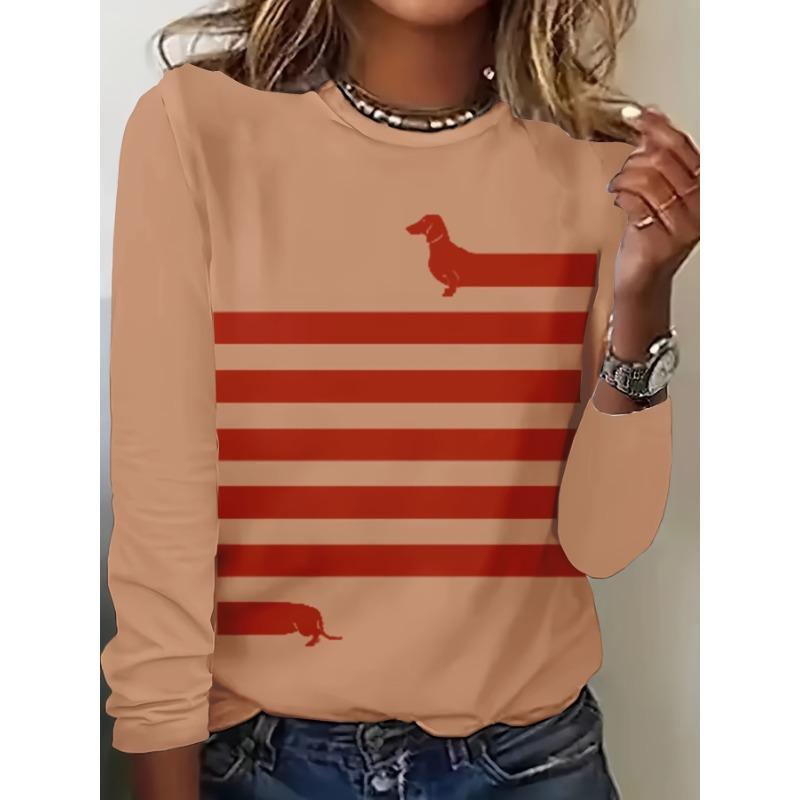 Spring and Autumn Round Neck 3D Dogs and Striped Patterns Printed Top Fashionable Casual Long Sleeved Women's T-shirts