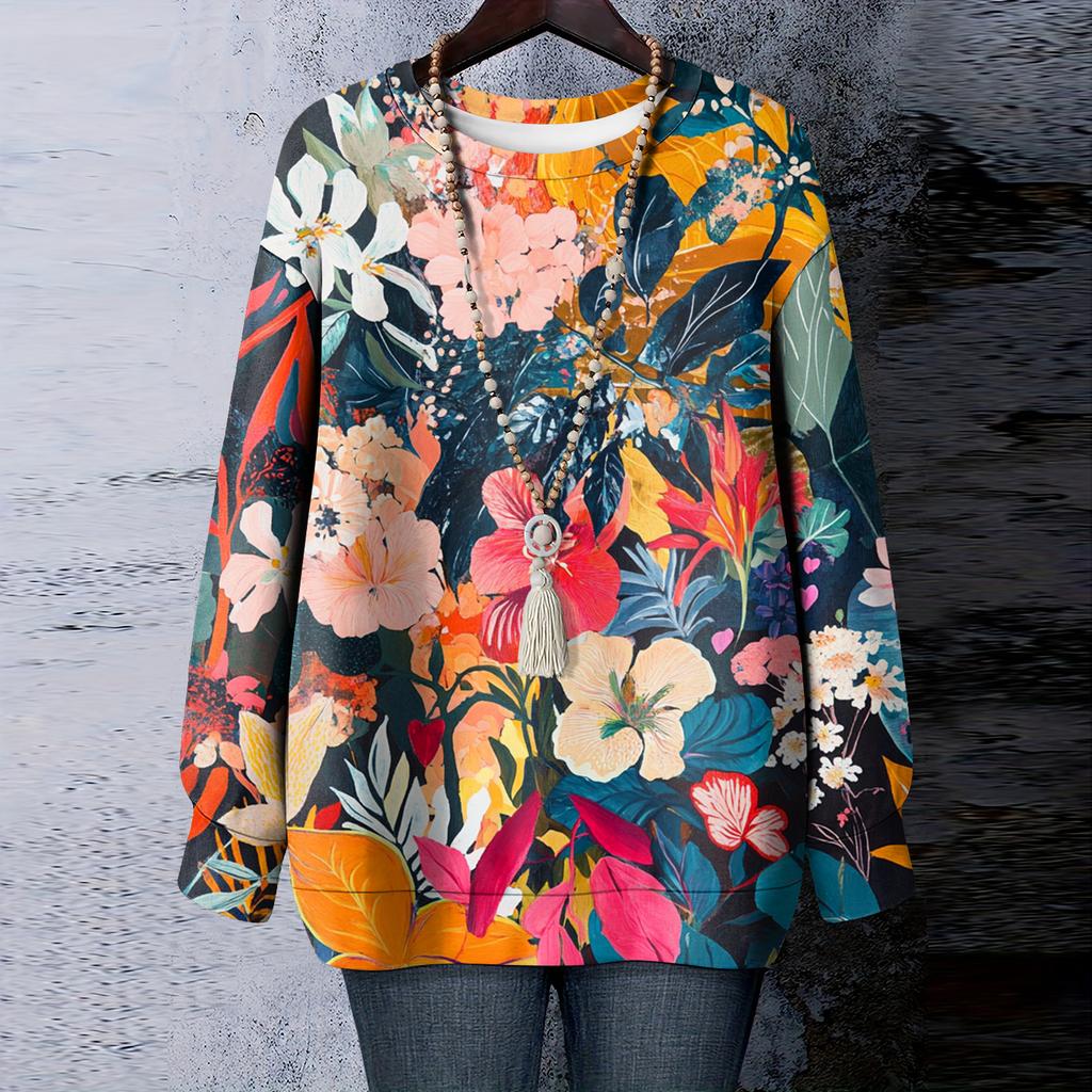 Women's Floral Print Round Neck Long Sleeved T-shirt Sweatshirt Top