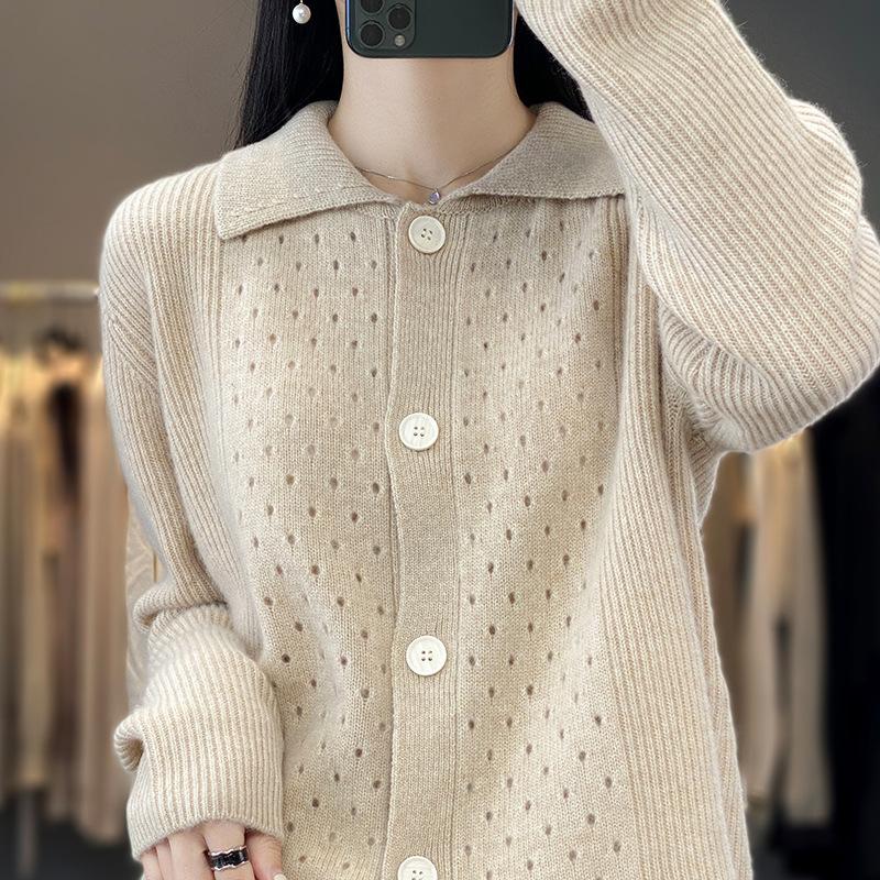 

Кардиган из новой шерсти на весну и осень для женщин, с воротником поло, свободный, ажурный свитер, повседневный вязаный модный жакет-топ XXL