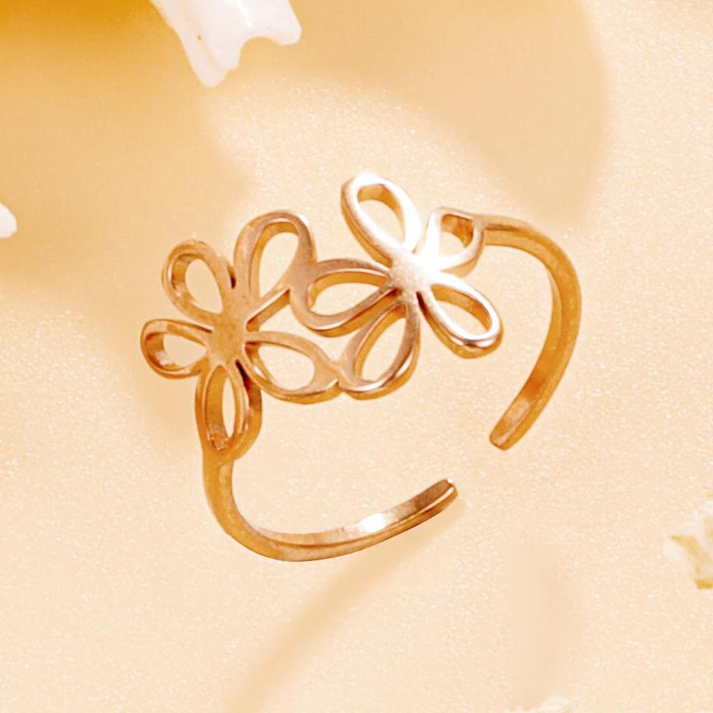 Adjustable Stainless Steel Sweet Flower Open Ring: Elegant Forest Style