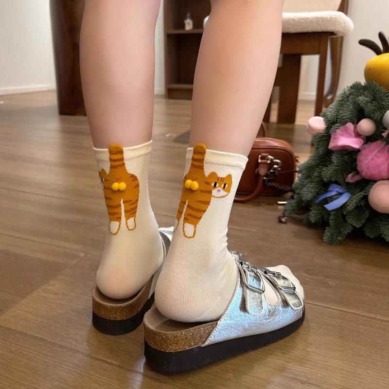 

1Pair Cartoon Cat Crew Socks for Women White Spring Summer Over Knee Socks Cute Fun Printed Ankle Socks for Outerwear One Size