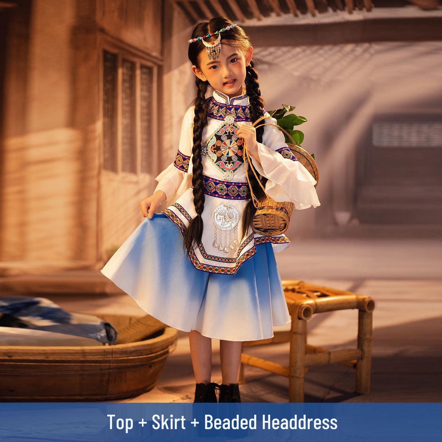 Guangxi Traditional Embroidery Zhuang Child Costume for Ethnic Dance Performance 160cm синий/белый