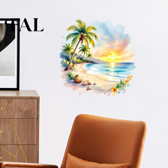 Arte da Parete Scena Balneare per Soggiorno Tramonto Palma Costa Adesivo, Adesivo Paesaggio Estivo Acquerello, Adesivo Cocco Camera da Letto Tropicale per Bambini