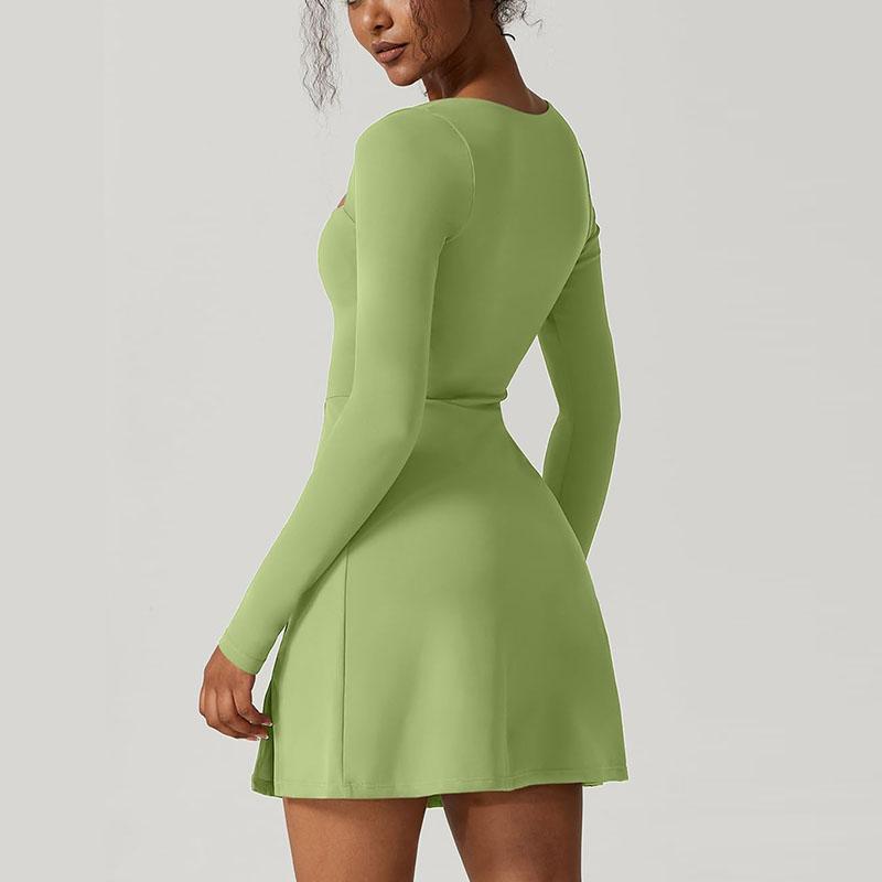 Womens Square Neck Bodice Dress Long Sleeve Side Slit Flare Mini Dresses