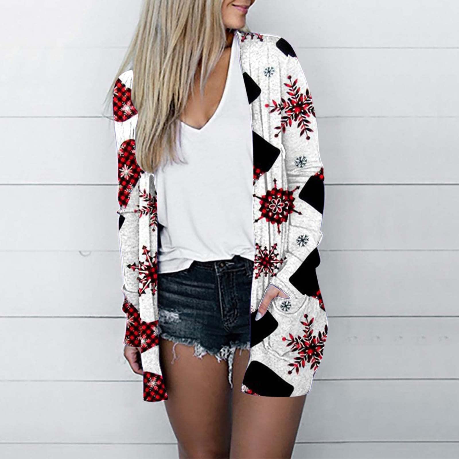 

Жіночі модні вільні повсякденні кишенькові різдвяні кардигани з принтом M чорний