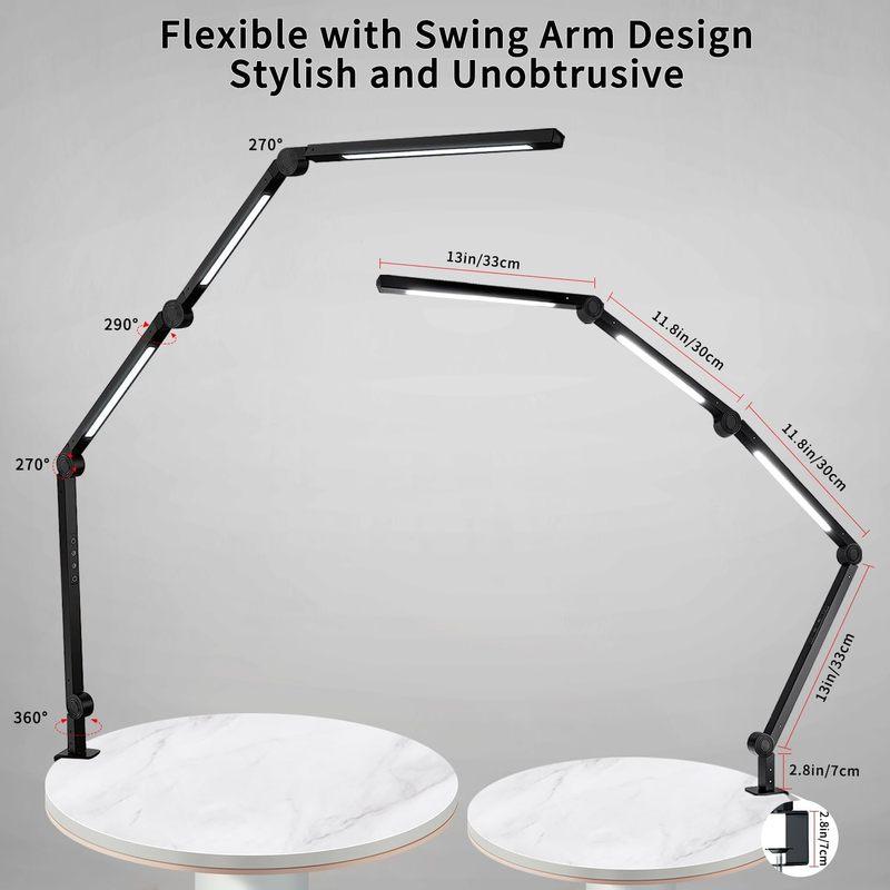 LED Desk Lamp with Clamp Flexible 4 Sections Swing Arm Three Light Sources Desk Light, 4 Color Modes & 5 Brightness
