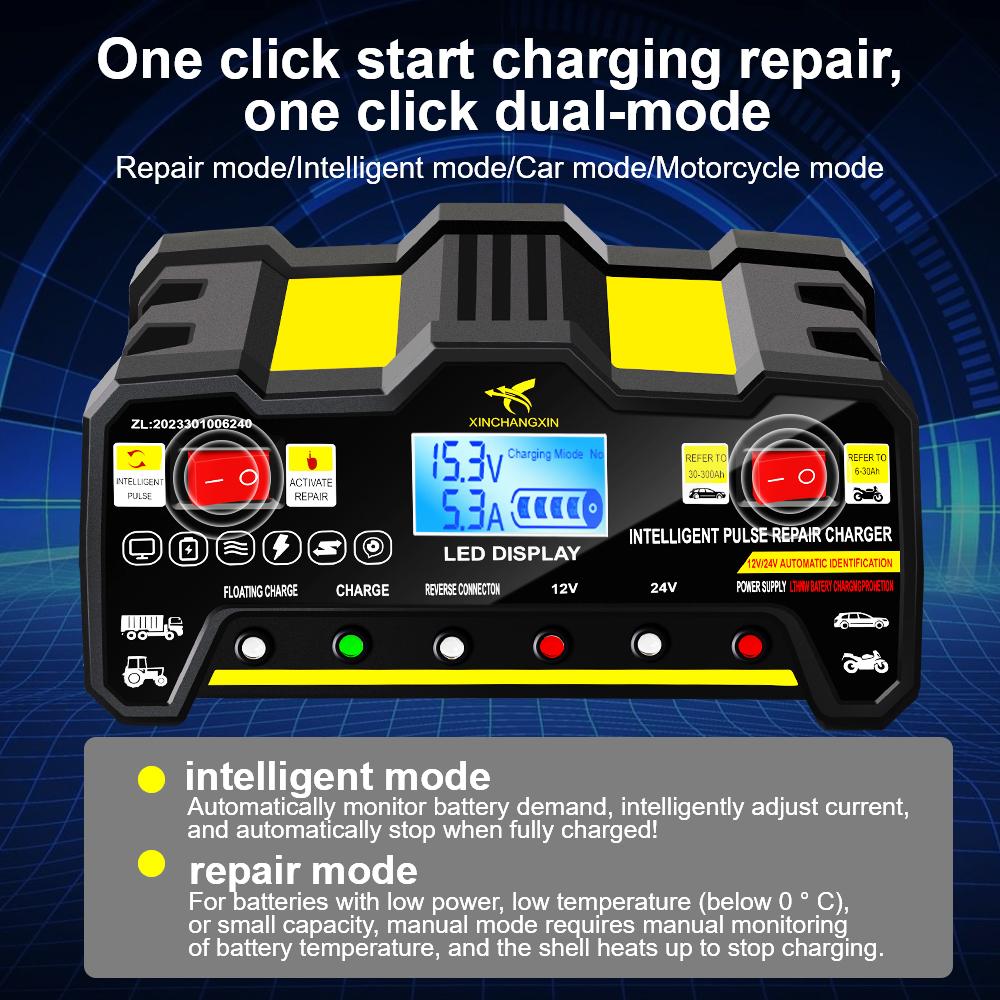 LCD Display For Wet Dry Lead Acid 220W Full Automatic Car Battery Charger Intelligent Pulse Repair Battery Charger EU Plug 300AH