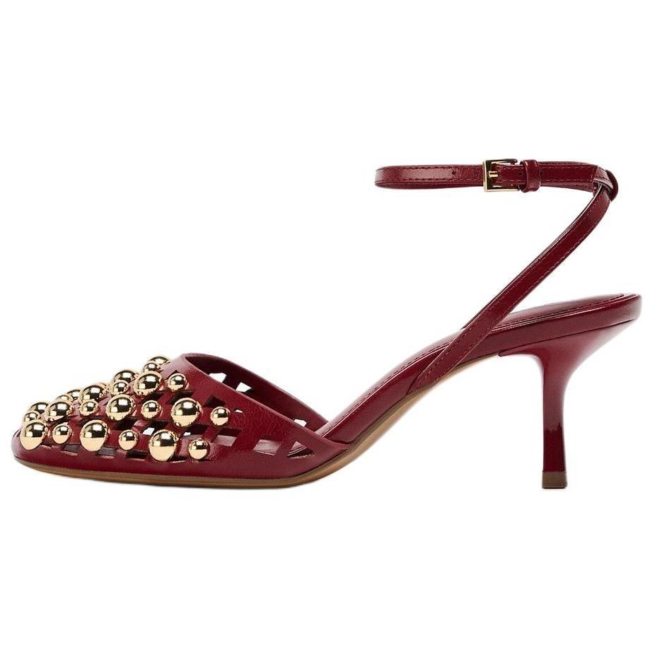 

ZARA Studded Cut Out Slingback Kitten Heel Pumps Red Womens 1222751038 36