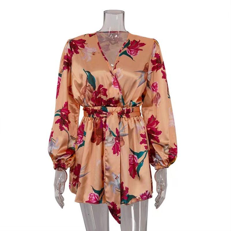 

Европейский и американский принт Комбинезон V-образный вырез Шнуровка Обтягивающий талию Комбинезон с длинным рукавом Комбинезон с принтом на шнуровке Orange S