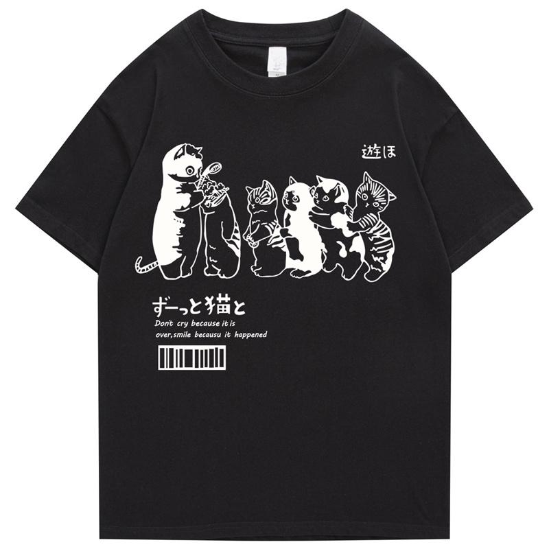 Maglietta Oversize da Uomo Abbigliamento Hip Hop Gatto Doccia Street Print Maglietta Casual Cotone Estate Manica Corta