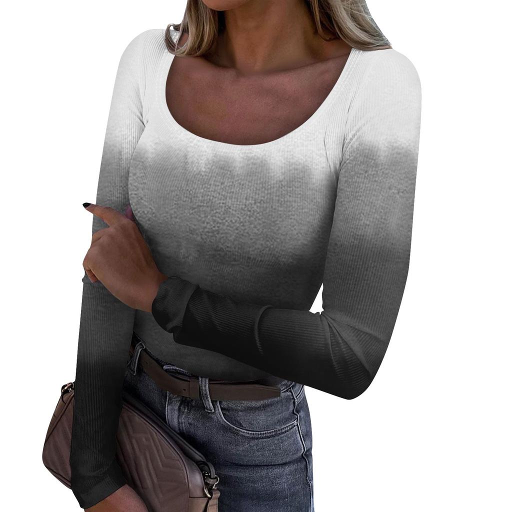 Women's And Winter Slim Fit Base T-shirt Fashionable Casual Gradient Regular Print U-neck Pullover Long Sleeved Top
