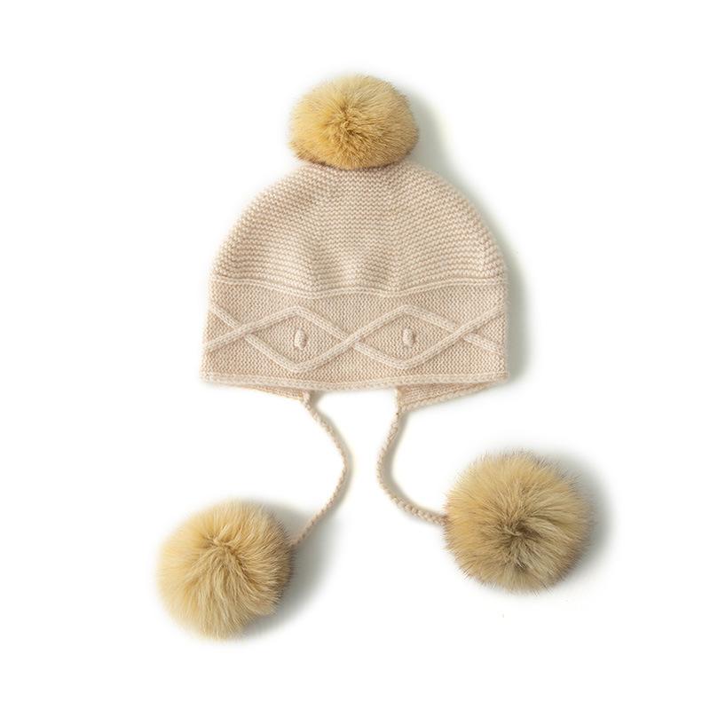 Cashmere Autumn and Winter New Women's Thickened Braided Pom Pom Hat Earring Hat  Cold Hat Headscarf  Knitted Hat
