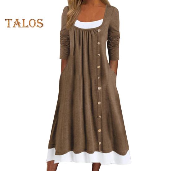 

Женское осеннее платье, подходящее по цвету лоскутное платье из двух частей, плиссированное платье с пуговицами, трапециевидное платье с боковыми карманами и длинными рукавами, с круглым вырезом, миди-платье 2XL хаки