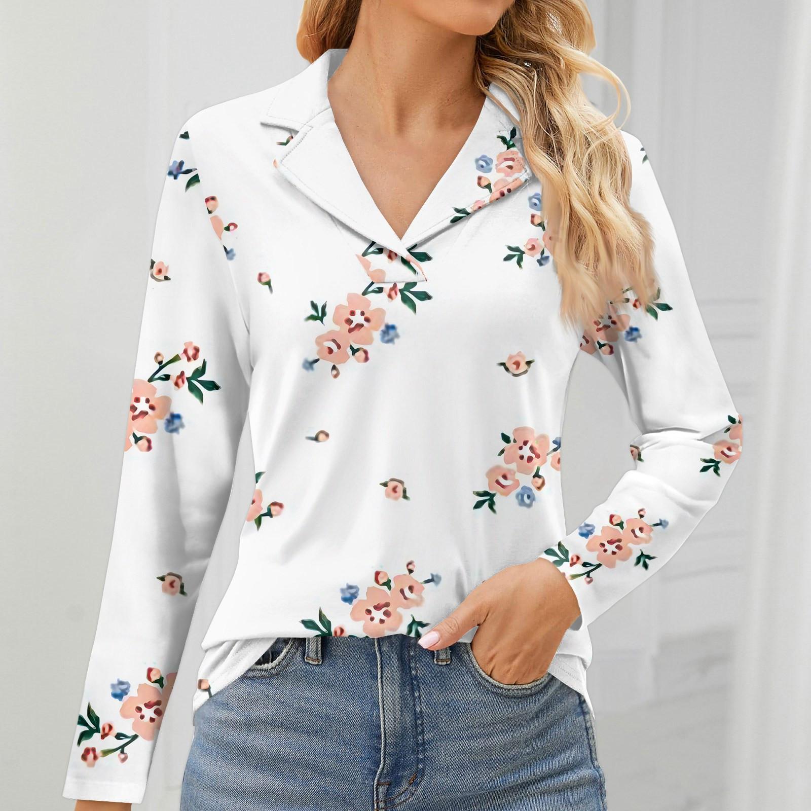 

Женская мода для отдыха с длинным рукавом и V-образным вырезом с цветочным принтом XS белый