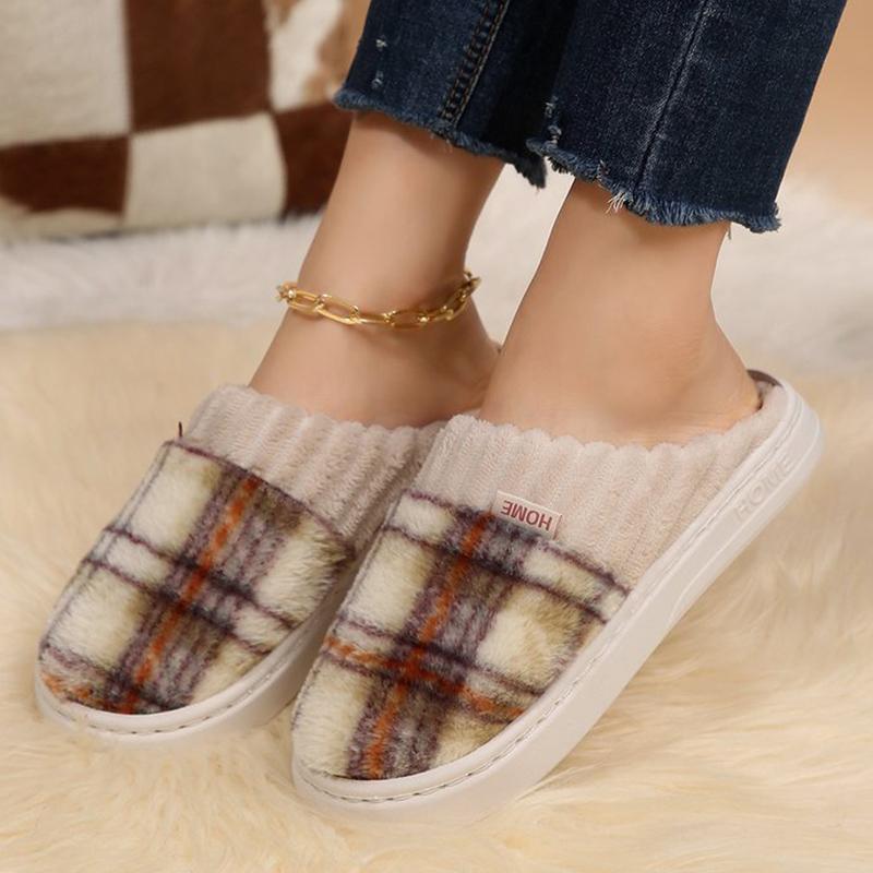 Fashion Fashion Plaid Cotton Slippers for Women Flat Heel Non Slip Cotton Slides Woman Indoor Purple Green Warm Plush Slippers Female