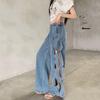 plus size Vintage Hole high waist casual loose Women spring summer autumn jeans denim wide leg Pants