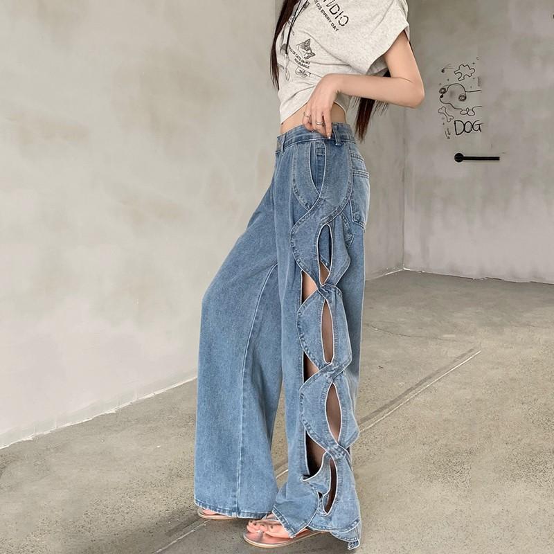 plus size Vintage Hole high waist casual loose Women spring summer autumn jeans denim wide leg Pants