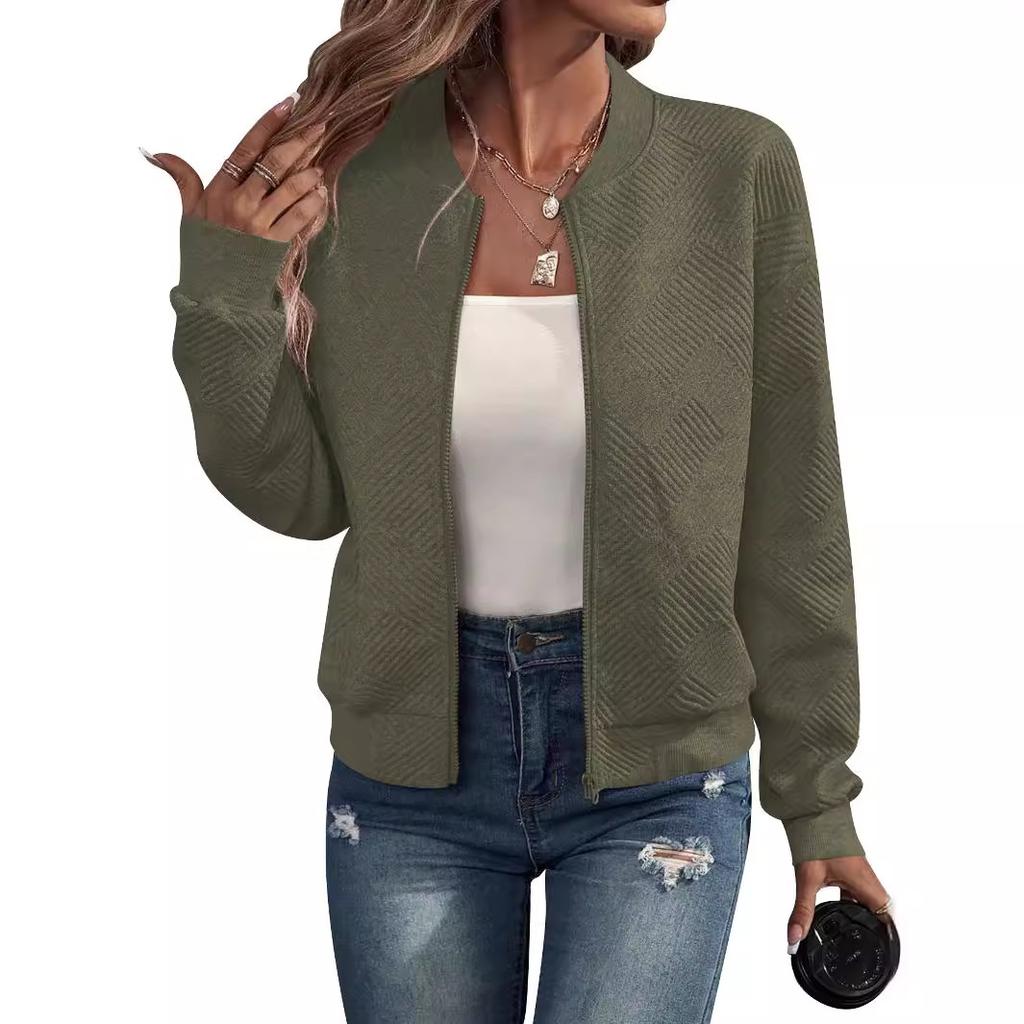 Women's Grey Short Baseball Jacket with Stand Collar, Casual Outerwear for Spring and Fall