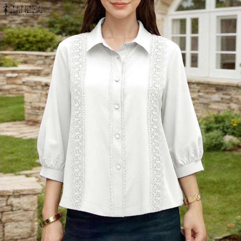 ZANZEA Women Turn Down Collar 3/4 Sleeve Casual Splice Blouse