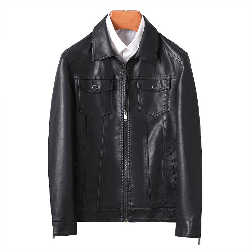 Men's Trendy PU Leather Motorcycle Jacket with Turn-Down Collar and Multi-Pockets for Autumn and Winter - Casual Spring Coat