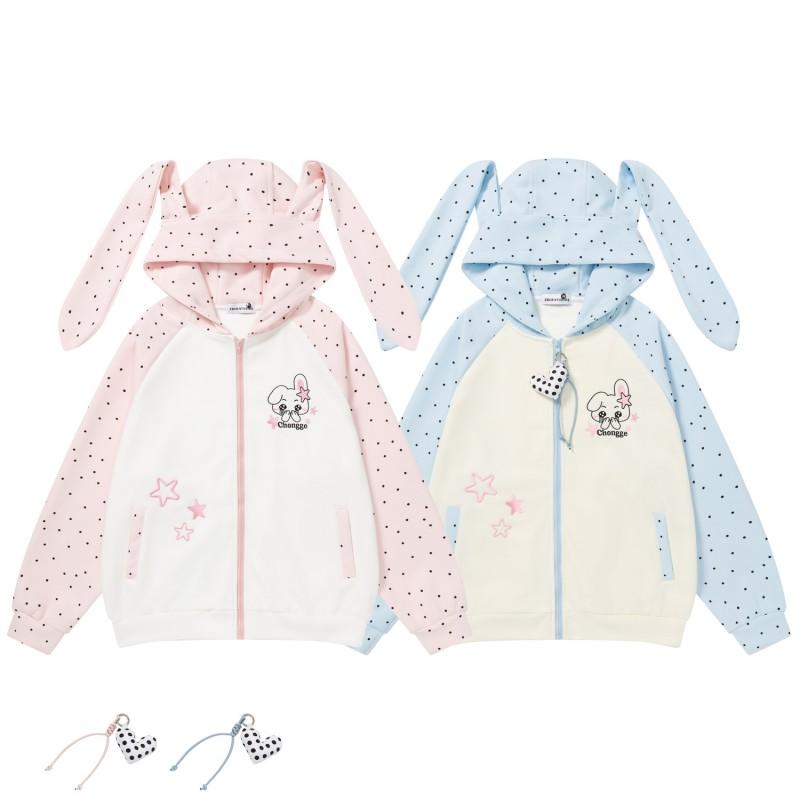 Amerikanischer Vintage Süßer Farbblock Hoodie Herren Damen Lang Hasenohr Polka Dot Stern Stickerei Sweatshirt