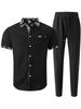 Men's Plaid Color Block Waffle Short Sleeve Cardigan Shirt & Long Pants Casual Set