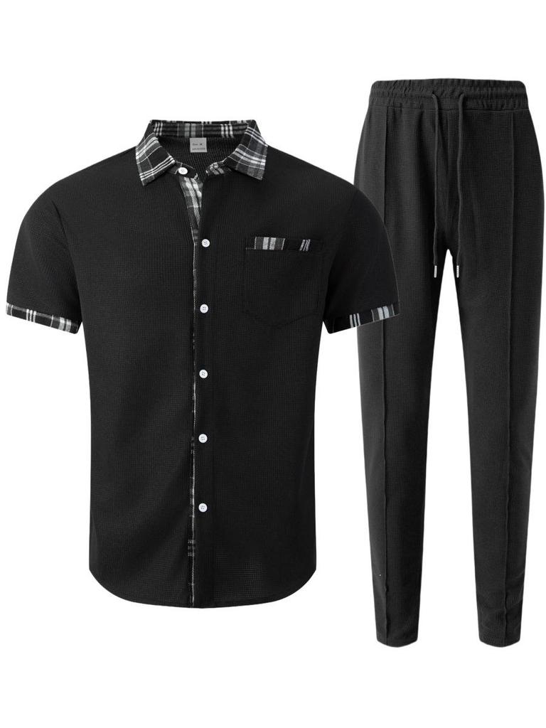 Men's Plaid Color Block Waffle Short Sleeve Cardigan Shirt & Long Pants Casual Set