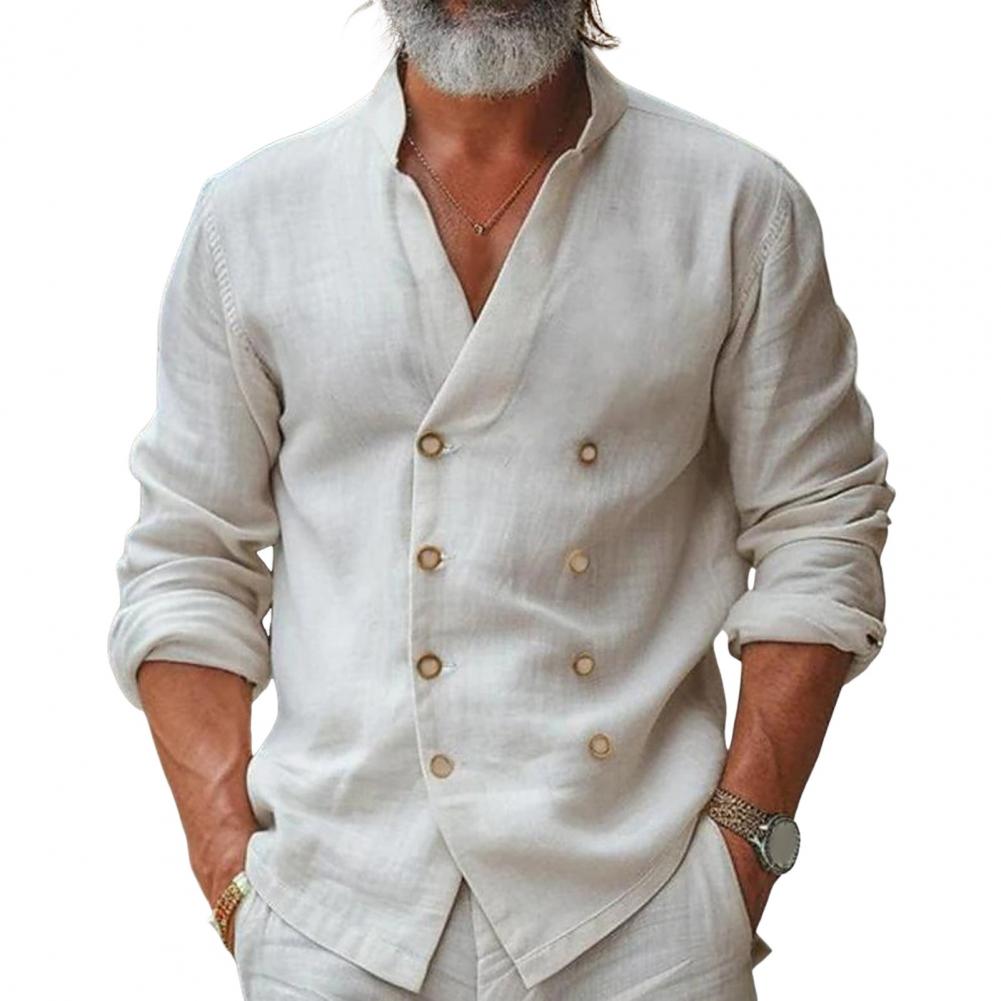 

Повседневный мужской топ, мужской двубортный кардиган с воротником-стойкой, V-образным вырезом, повседневная рубашка средней длины для осени и весны на каждый день XXXL бежевый