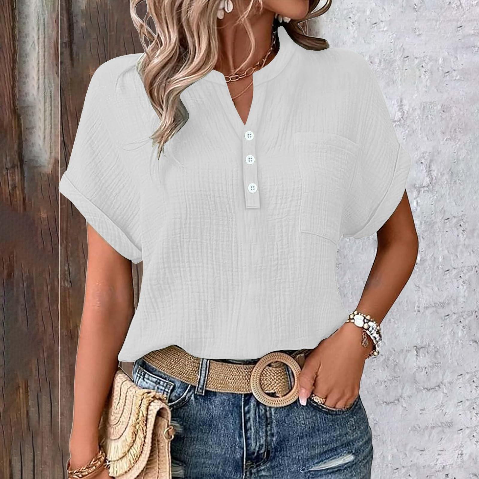 

Женская блузка, Льняная блузка, Женская летняя льняная рубашка на пуговицах, Блузка с V-образным вырезом и короткими рукавами и карманами XL белый