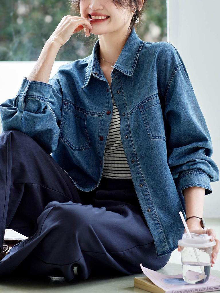 Retro Blue Washed Denim Women's Long Sleeve Shirt Jacket - Spring 2026 Fashion