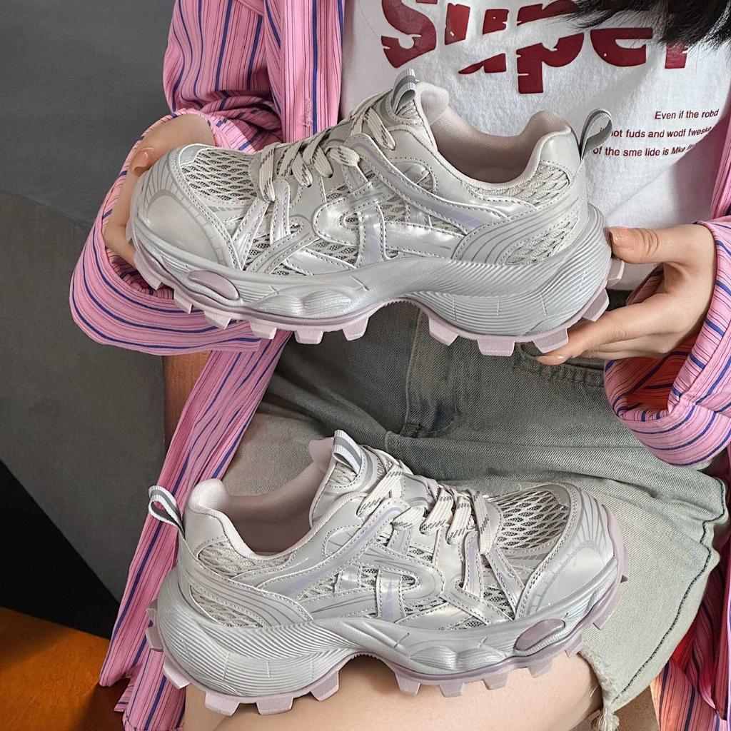 European station leather mesh breathable dad shoes women's 2025 spring and summer fashion thick-soled small height-increasing sports shoes