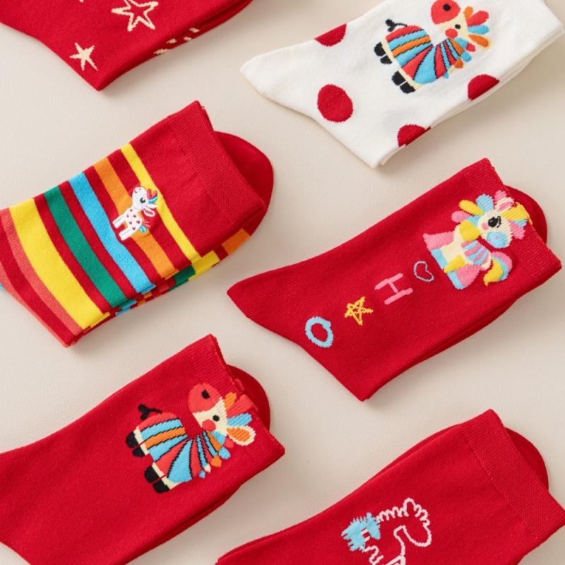 1 Pair New Year Lucky Red Socks For Men Women Autumn Winter Warm Mid-Tube Socks Cartoon Pony Horse Socks Christmas Gifts