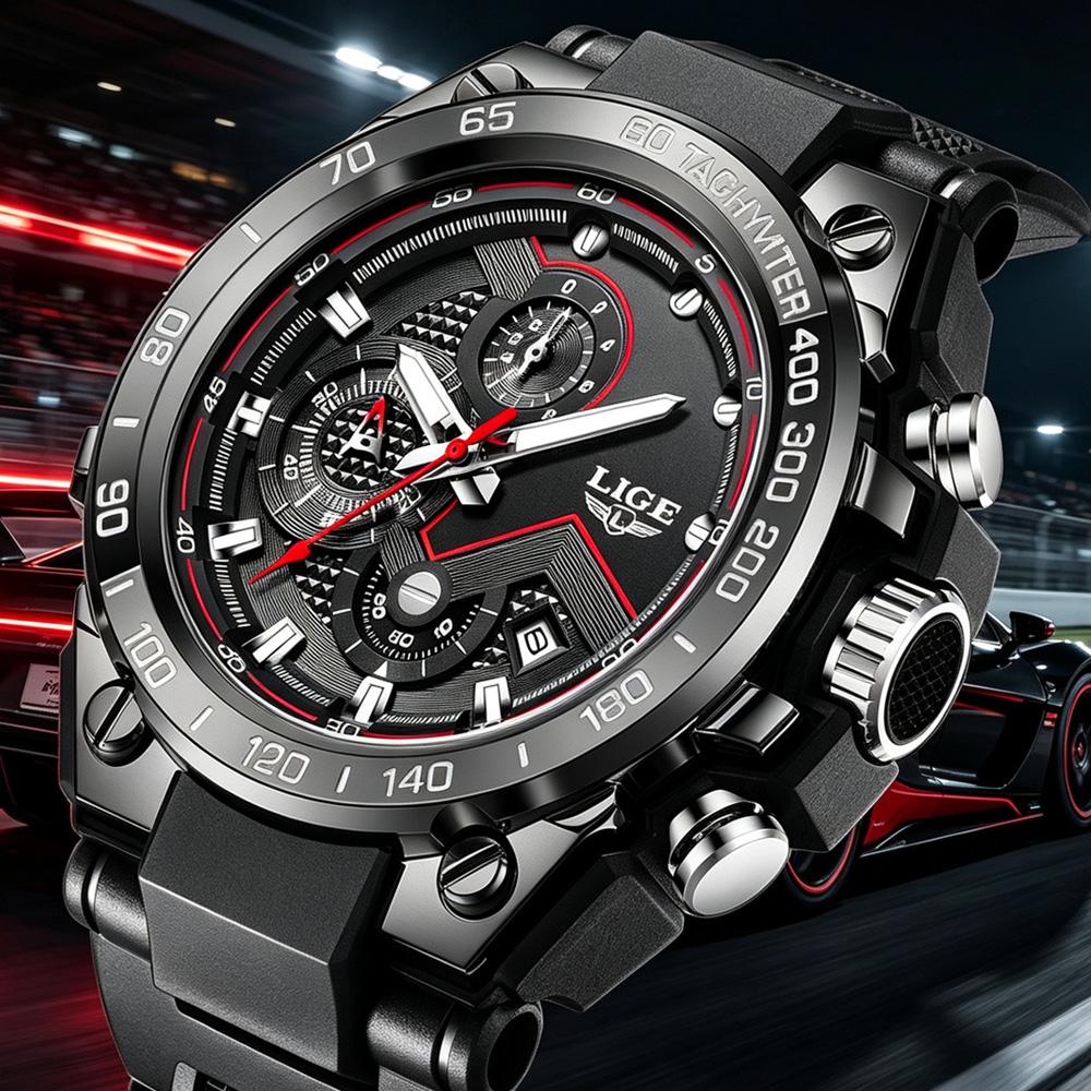 LIGE Sports Men Watch Racing Chronograph Men's Watches Waterproof Luminous Date Watches for Man Silicone Tachymeter Wristwatches