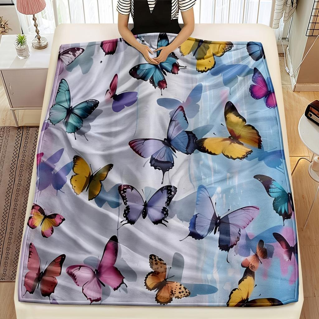 1pc Preppy Style Butterfly Print Flannel Blanket - All Seasons Multipurpose Soft Warm Throw for Sofa, Office, Bed, Camping, Trav