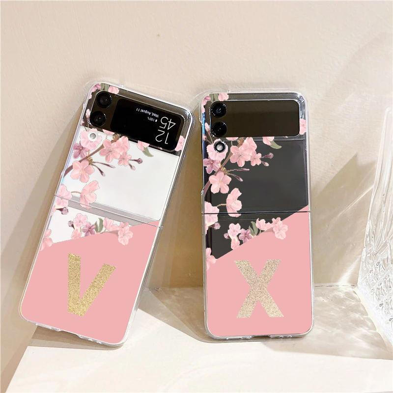 Golden Letter Flower Fashion Phone Case For Samsung Galaxy Z Flip 3 4 5 6 7 Hard Folding Z Flip4 Clear PC Cover Protector Gift