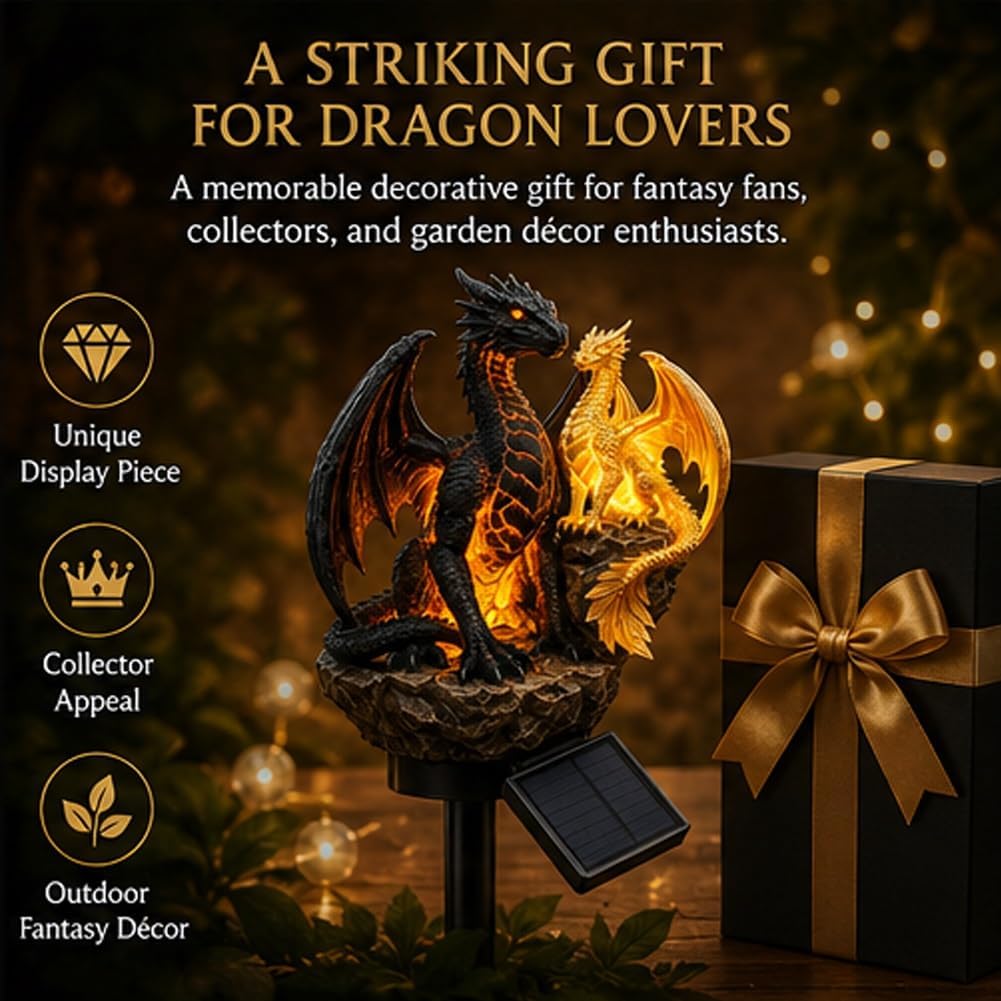 Solar Dragon Statue Light 6.3in Gothic Garden Decor Resin Solar Powered for Patio Walkway Halloween Warm Glow Medieval