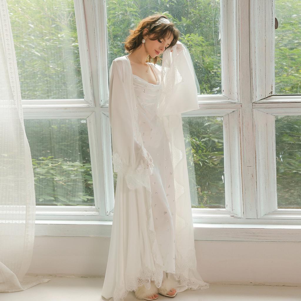 French light luxury bridal dress two-piece set, women's satin silver bow spaghetti strap long dress, loungewear 911+1111