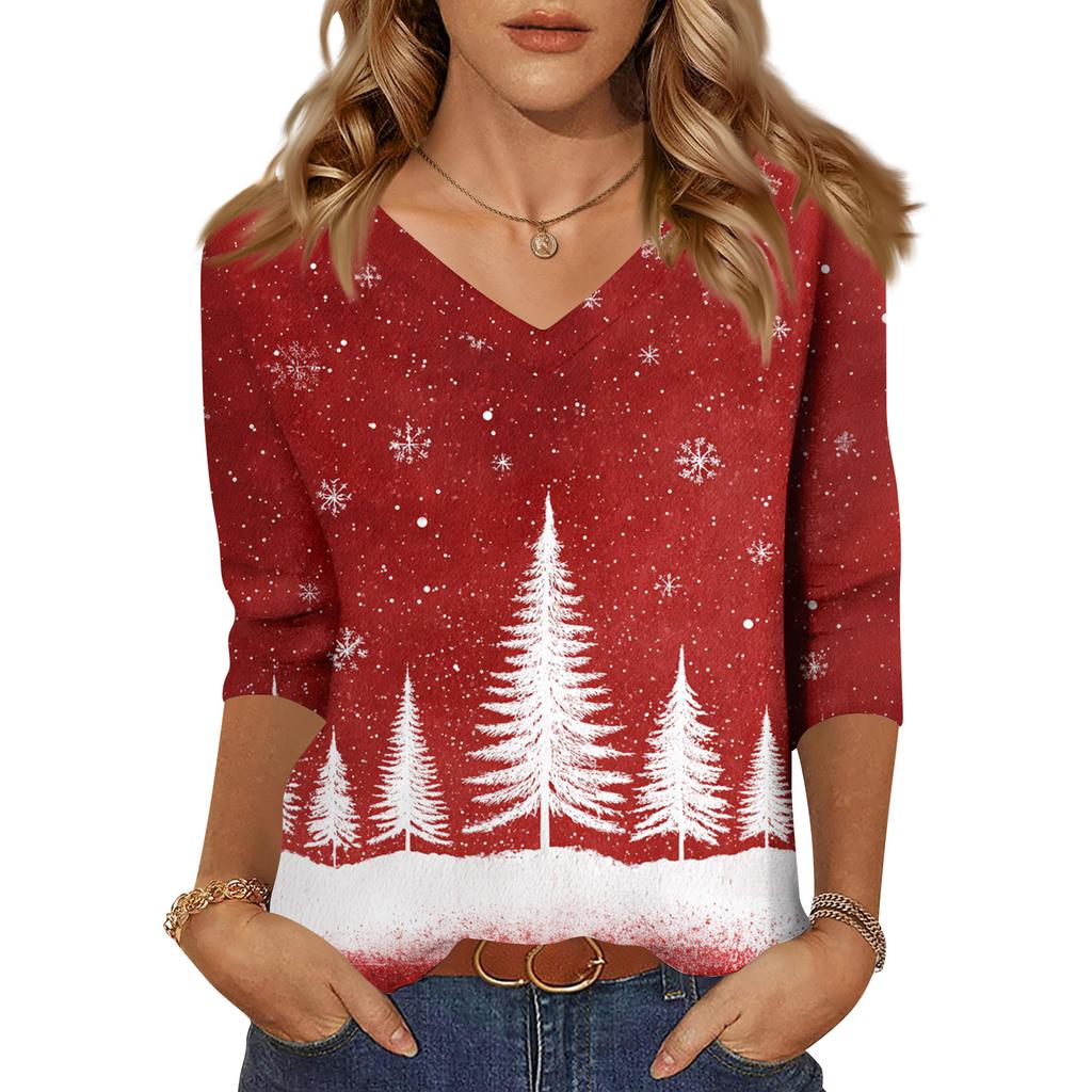 Women's Tops Three-quarter Sleeve Shirt V-neck Loose Casual Shirt Print T-shirt