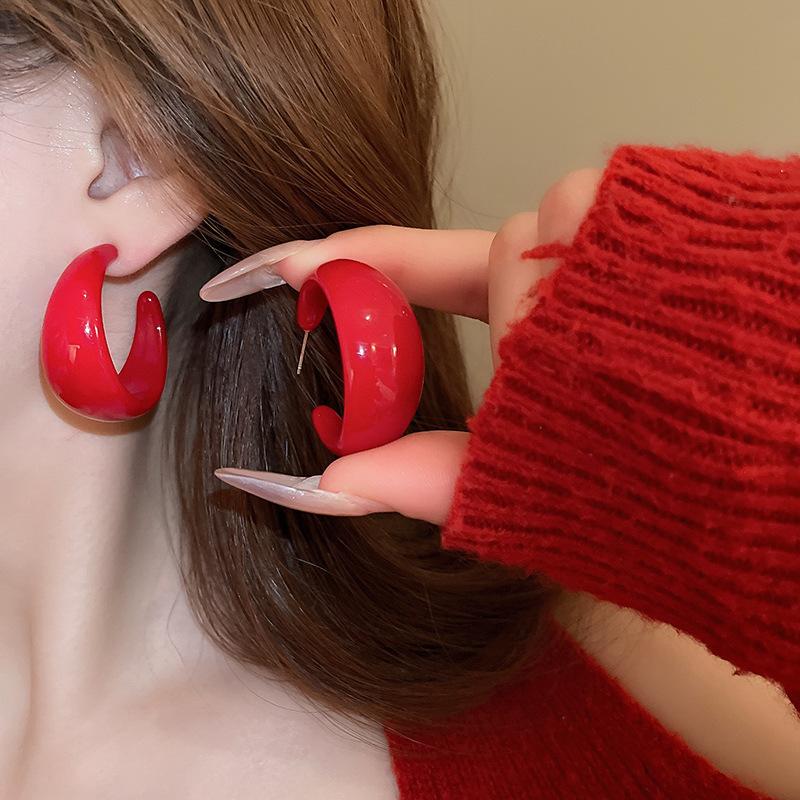 Silver needle dripping oil Ankola red pigment ring earrings niche exaggerated stud earrings high-end light luxury earrings