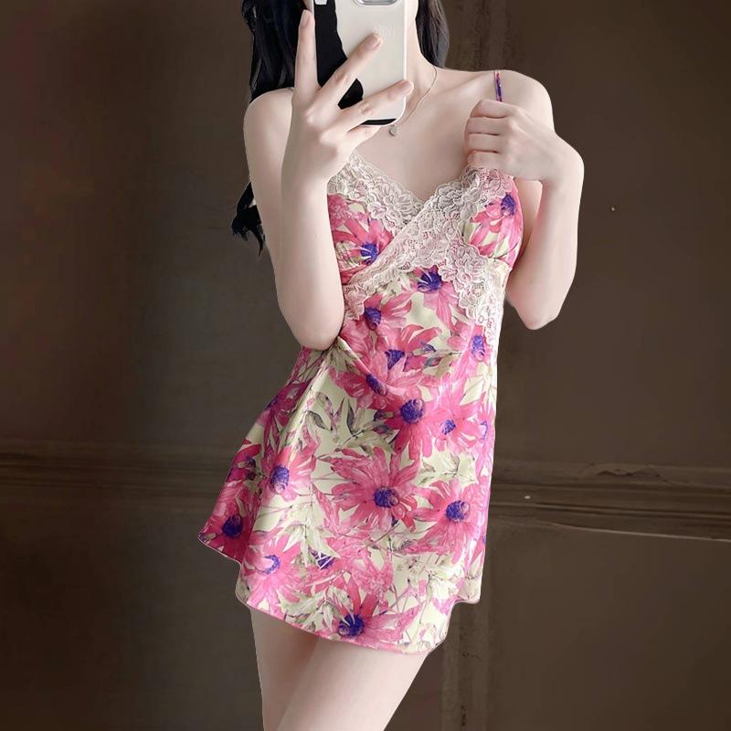 Women's Spring Summer Sexy Pajamas Ice Silk Pajamas Suspender Shorts Thin Loungewear Live
