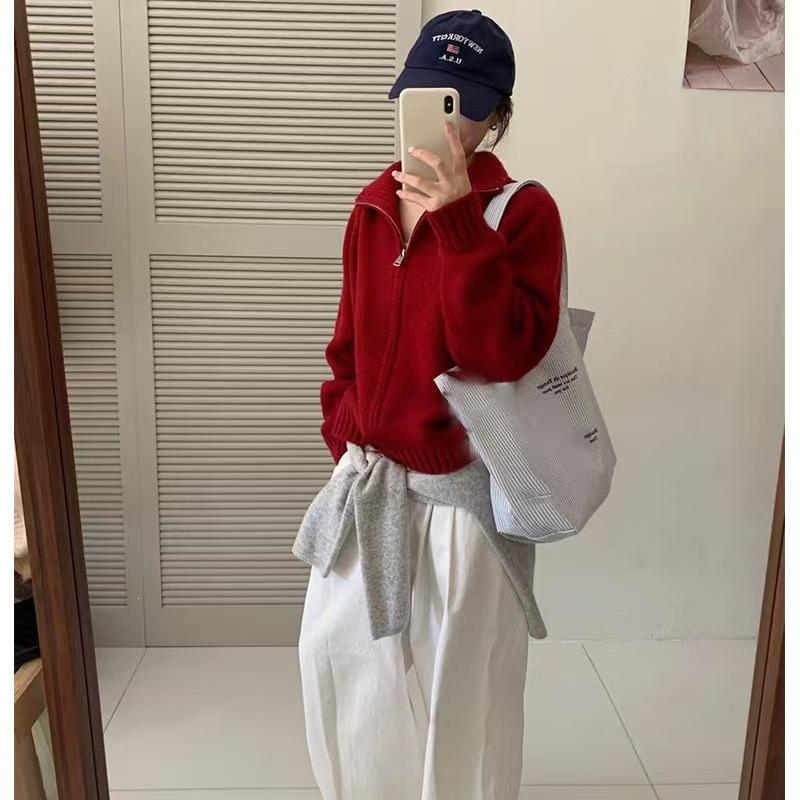 Women's Korean Style Stand Collar Double Zipper Knit Cardigan